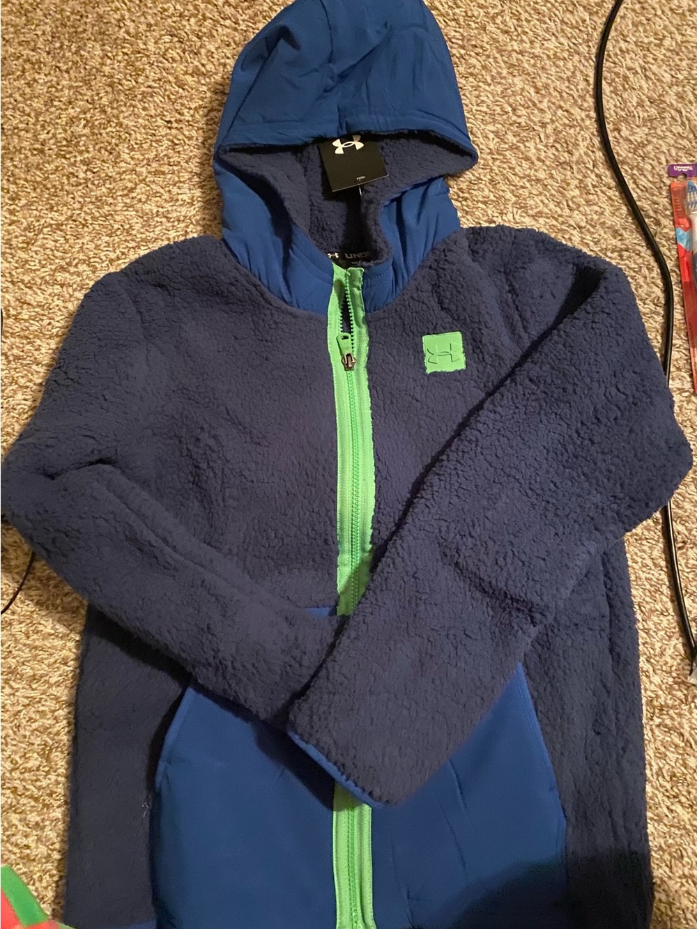 Under Armour Kids Navy Hooded Fleece Jacket with Green Zipper